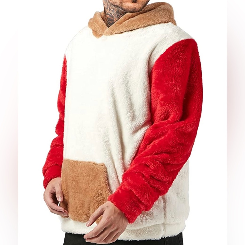 BRAND NEW MENS TRENDY MULTICOLOR COLORBLOCK FUZZY SHERPA HOODIE NWT - Picture 4 of 4
